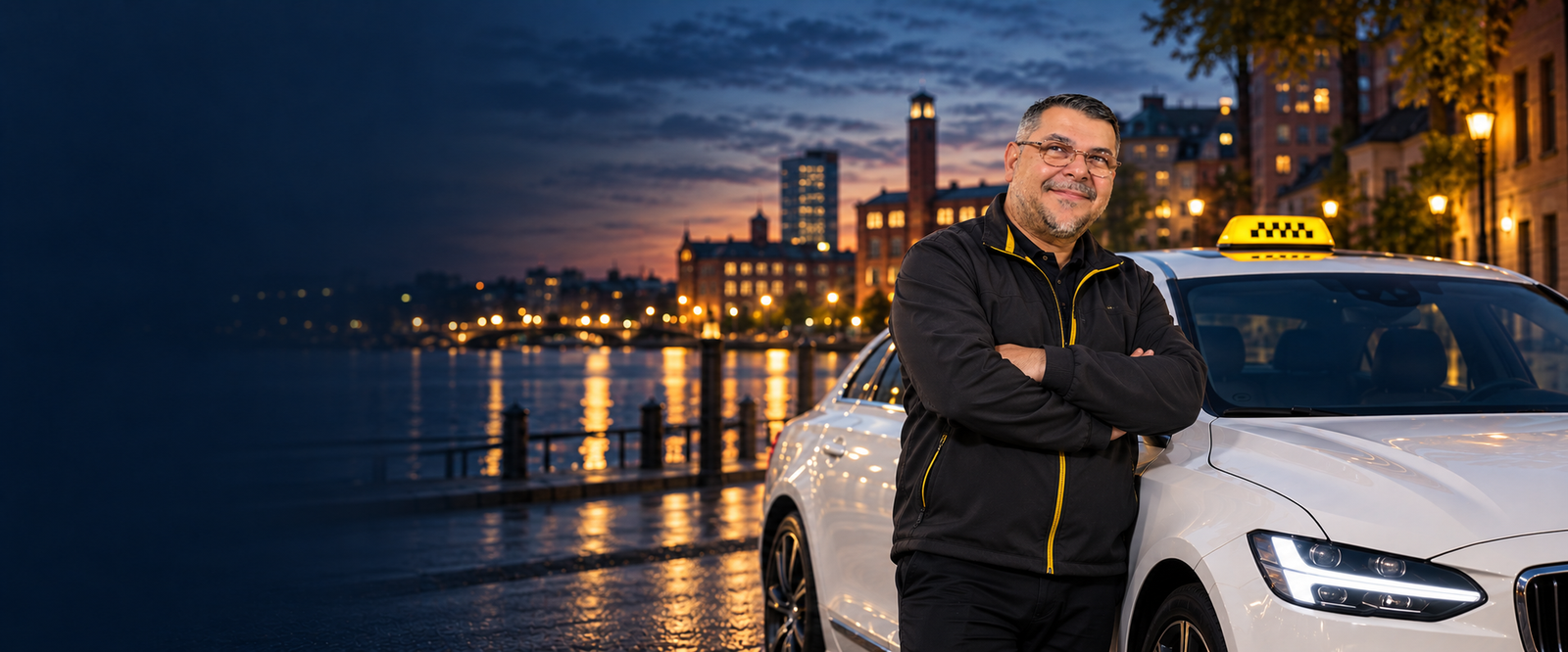 Sami framför en vit Taxi Sami-bil i Norrköping